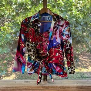 Mishca Women's Vintage Red Printed Tie- Front Top Size M